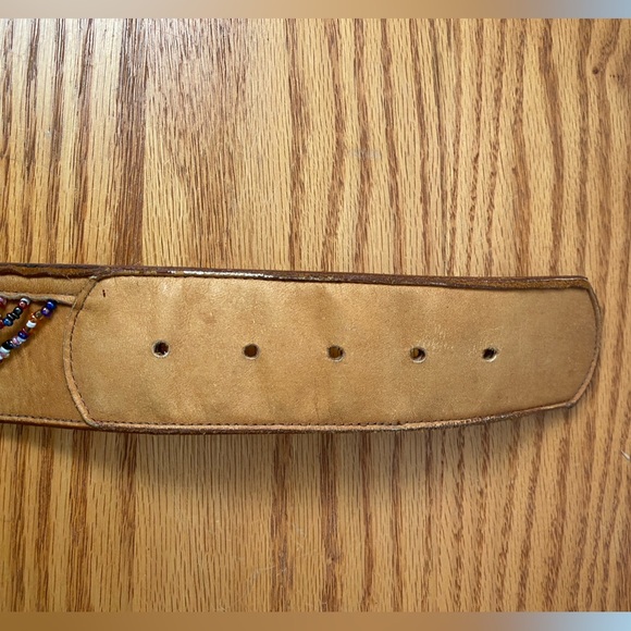 Catherine Dial Easley Tan Leather Aztec Chunky  Buckle Beaded Western Belt SZ S
